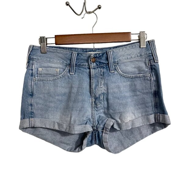Hollister Womens Blue Button Fly Rolled Cuff Y2K Denim Jean Shorts Size 1/25 - Picture 1 of 8